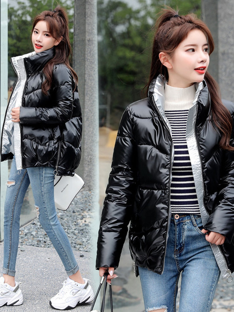 Light-Reflecting Thick Stand-Collar Padded Oversized Coat