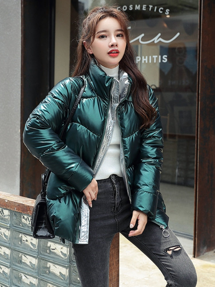 Light-Reflecting Thick Stand-Collar Padded Oversized Coat