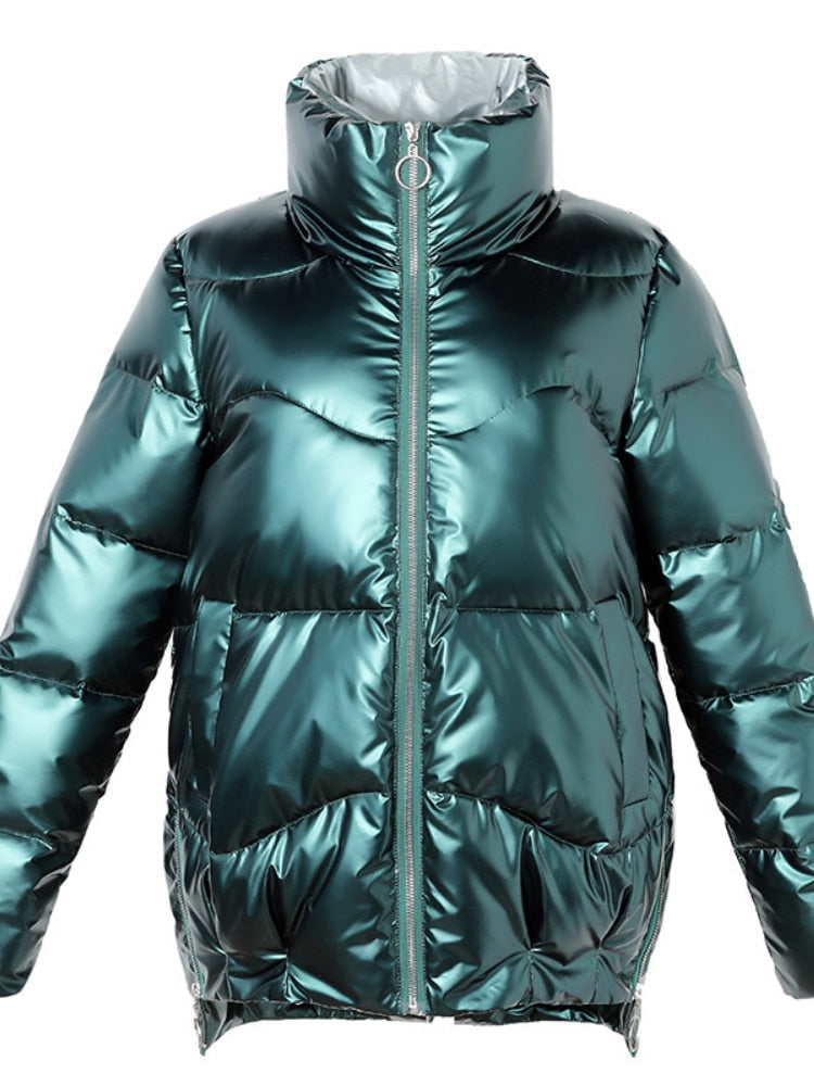 Light-Reflecting Thick Stand-Collar Padded Oversized Coat
