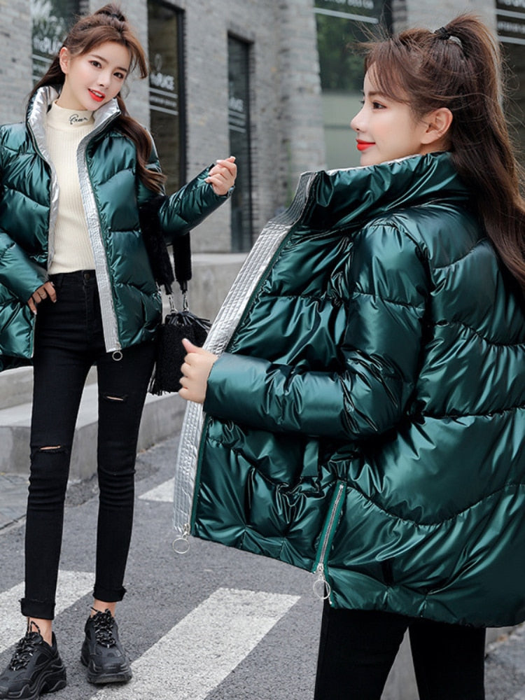 Light-Reflecting Thick Stand-Collar Padded Oversized Coat