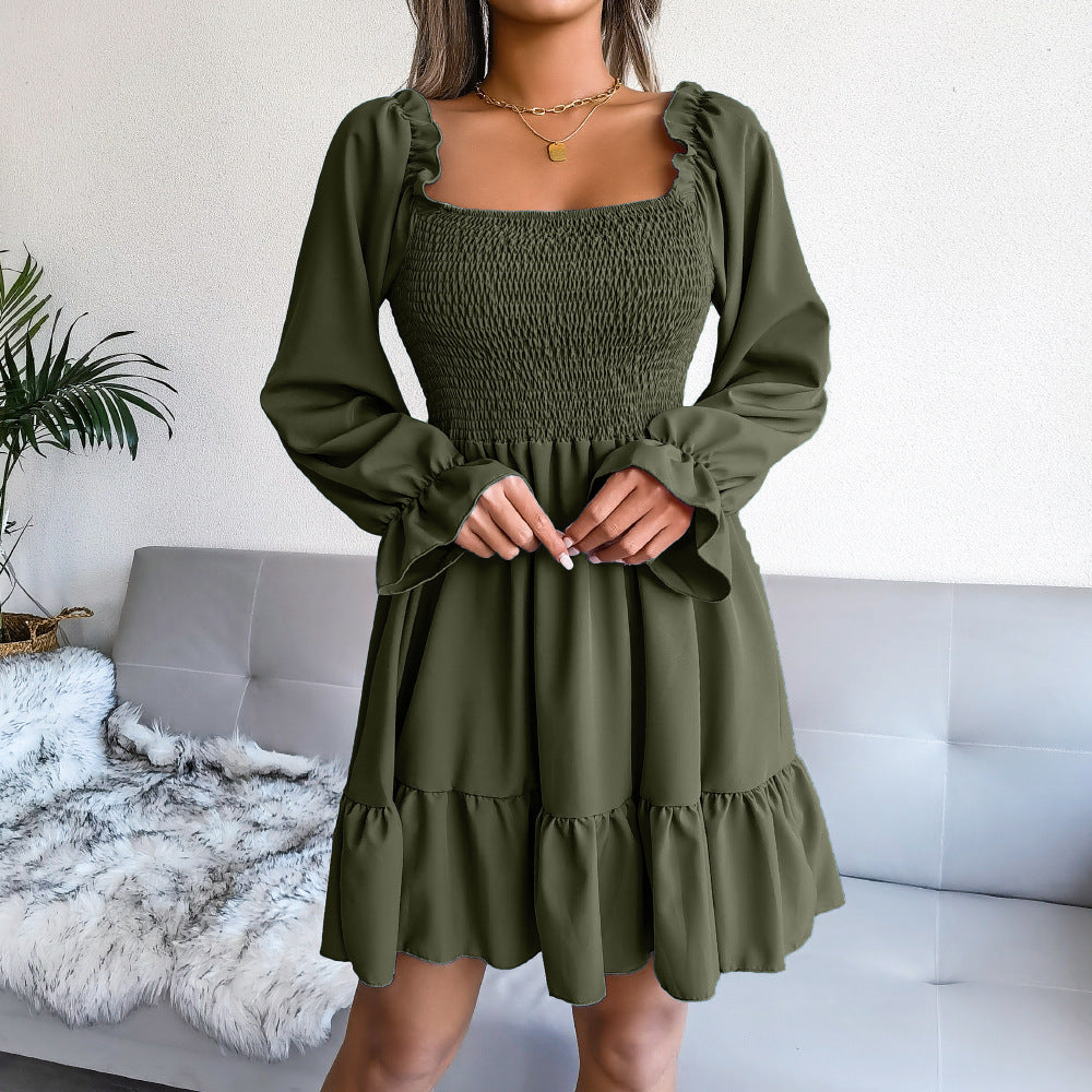 Square Neck Long Sleeve Solid Flared Mini Dress