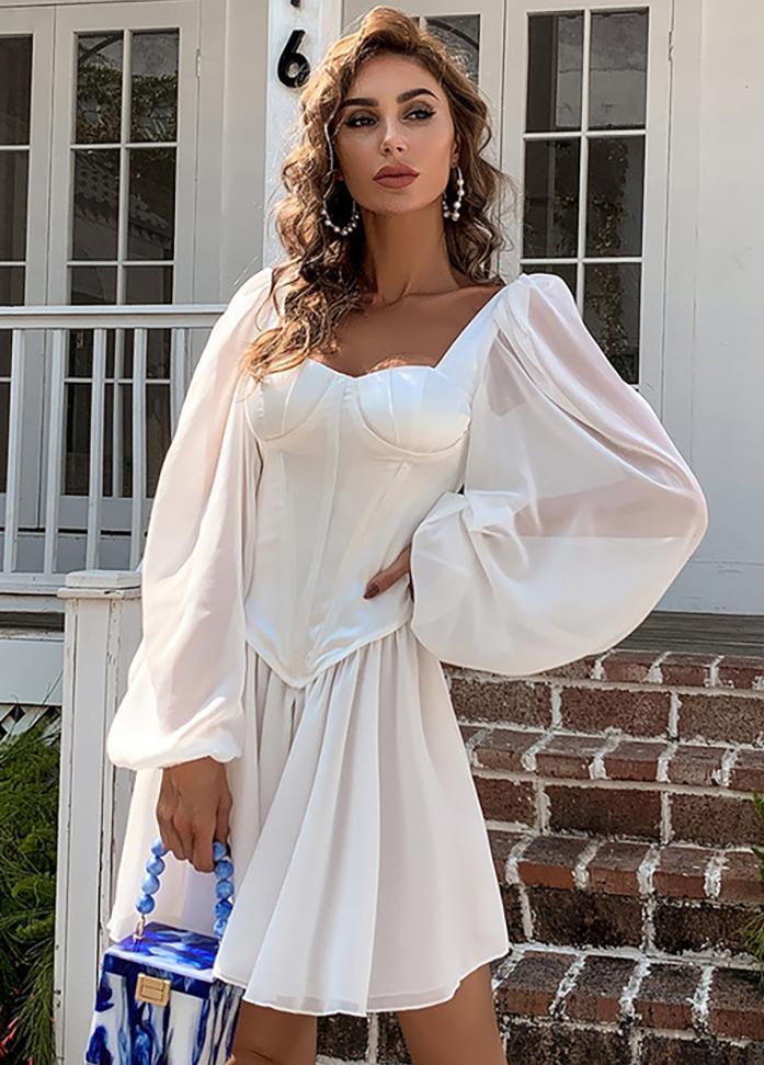 Flouncing Long Sleeve Solid Color Dress