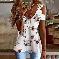 Floral Cold Shoulder V Neck Loose Blouse Top