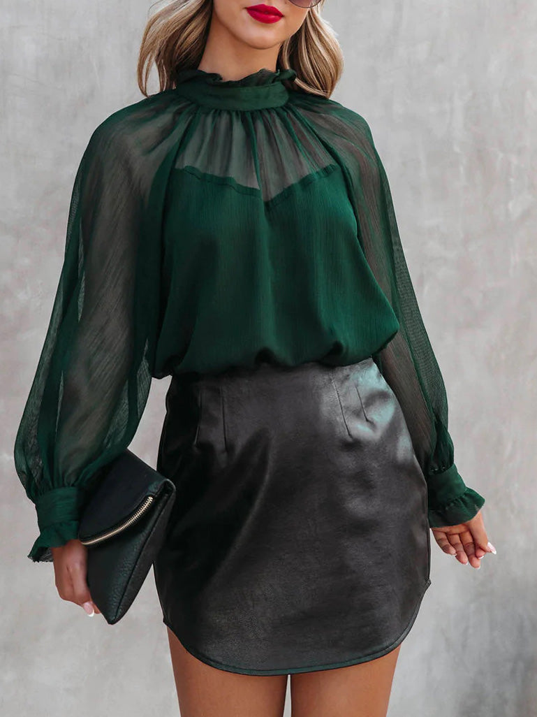 Women's Blouses Turtleneck Balloon Sleeve Chiffon Blouse
