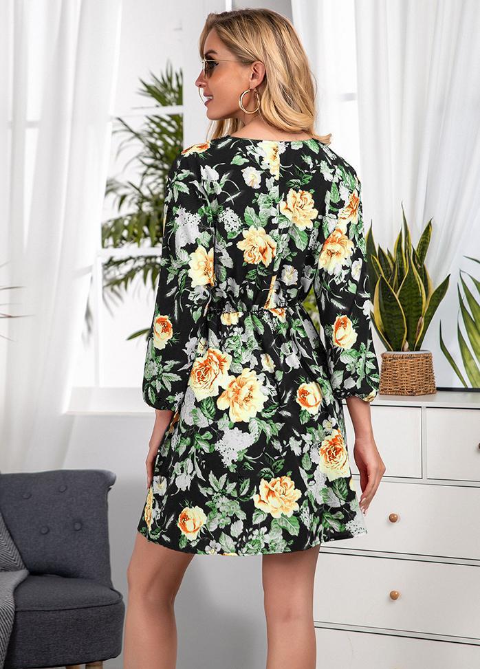 Floral Printed V Neck Long Sleeve Dress