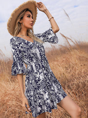 Women's Dresses Vintage Print Bell Sleeve V Neck Mini Dress