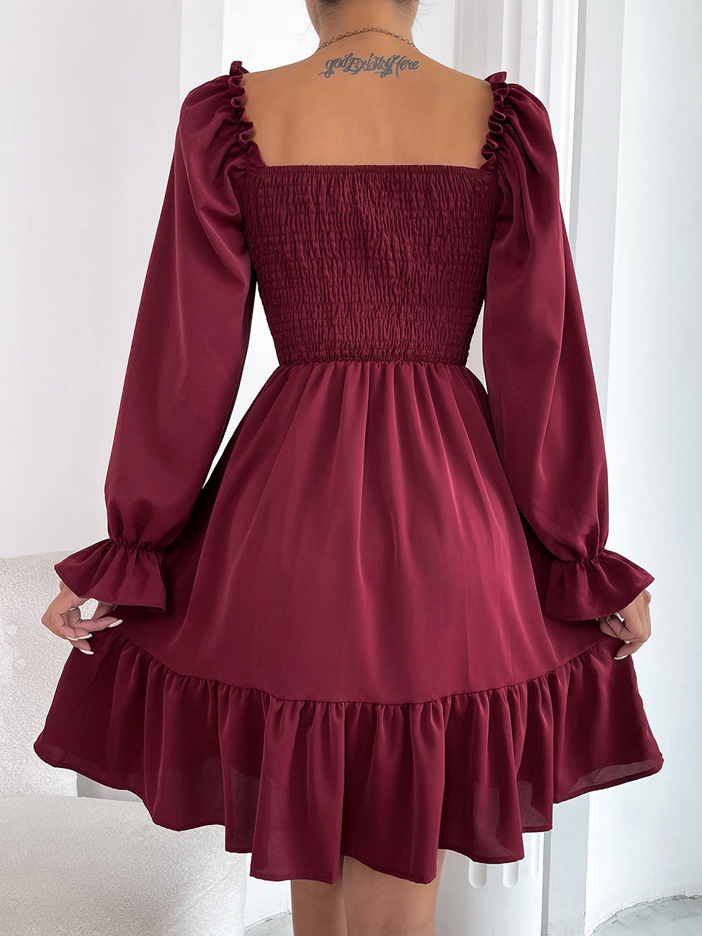 Square Neck Long Sleeve Elastic Waist Midi Dress