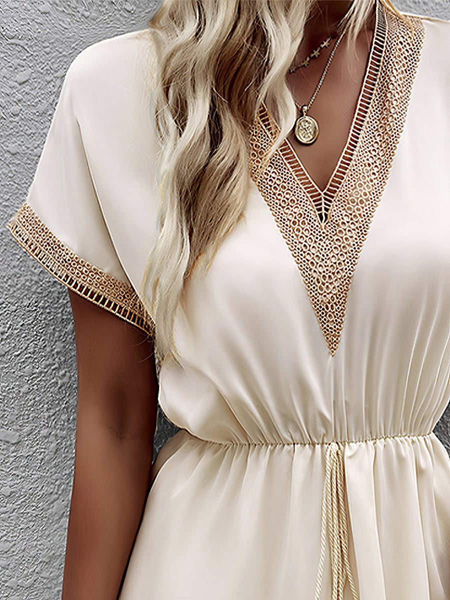 Women's Dresses Casual Holiday Lace Stitching Waist V Neck Mini Dress