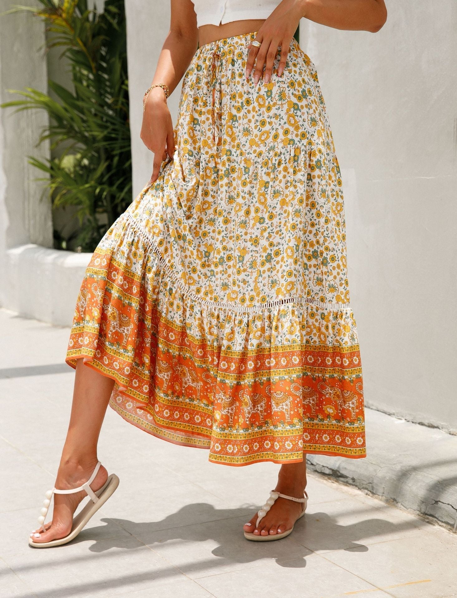 Floral Print Elastic High Waist Pleated Maxi Skirt