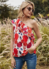 Flouncing Cold Shoulder Printed Tank Top