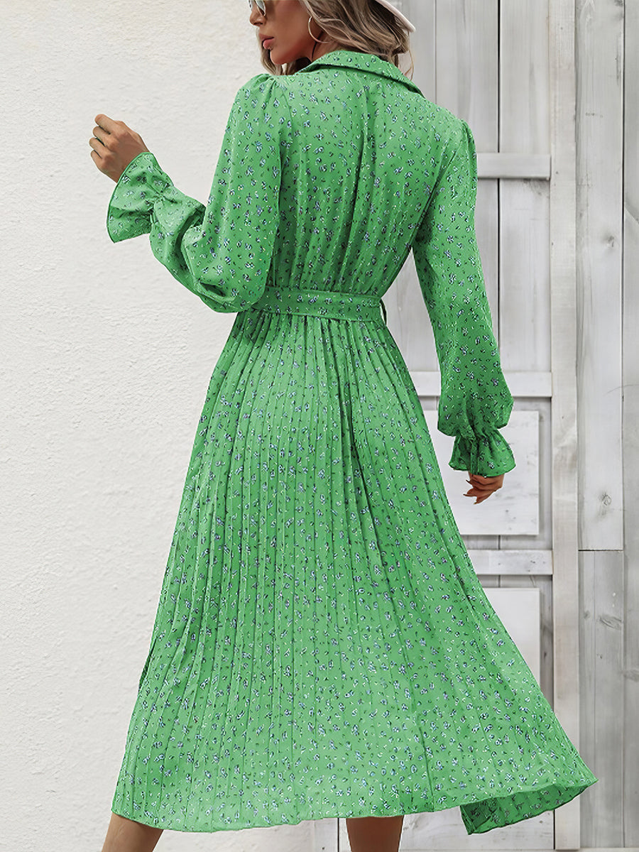 Women Dresses Fashion Pleated Tie Long Sleeve Midi Dress