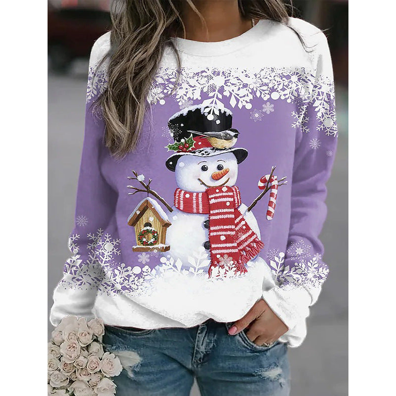 Crew Neck Long Sleeve Snowman Printed Sweatshirt