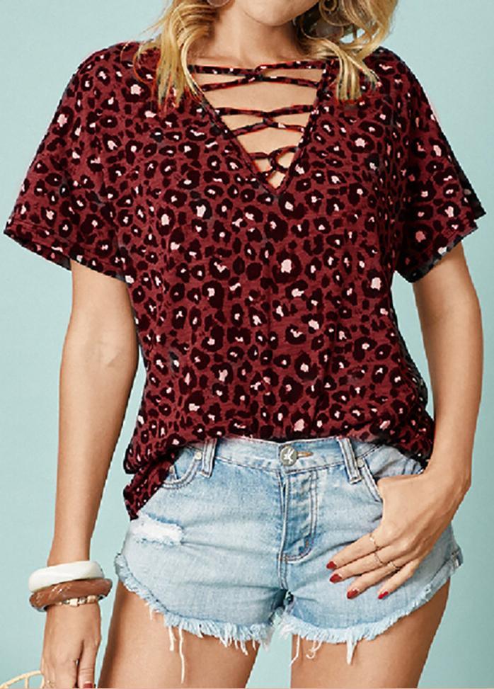 Leopard Printed V Neck Short Sleeve T-shirt