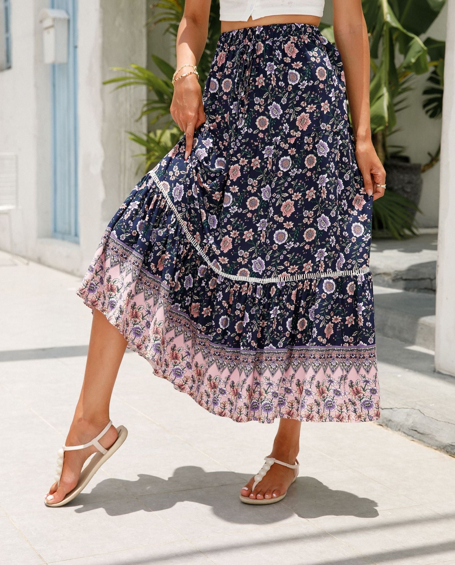 Floral Print Elastic High Waist Pleated Maxi Skirt
