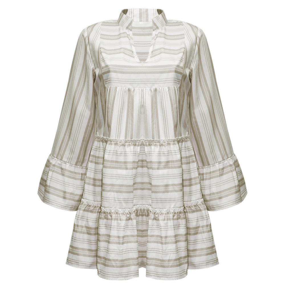 Casual V-Neck Long Sleeve Printed Loose Mini Dress
