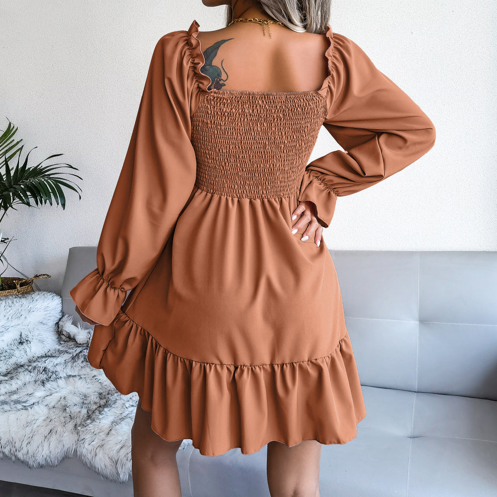 Square Neck Long Sleeve Solid Flared Mini Dress