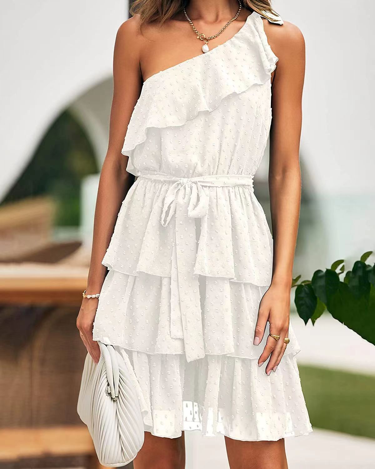 Bow Tie One Shoulder Bleted Tiered Dress