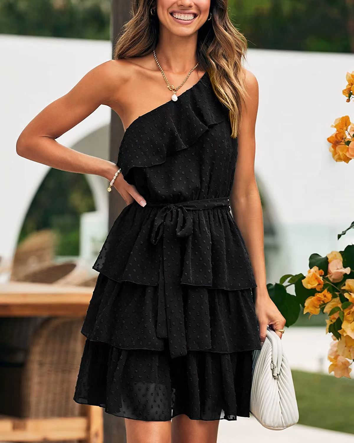 Bow Tie One Shoulder Bleted Tiered Dress