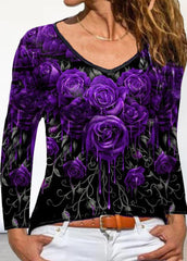 Floral Printed V Neck Long Sleeve T-shirt