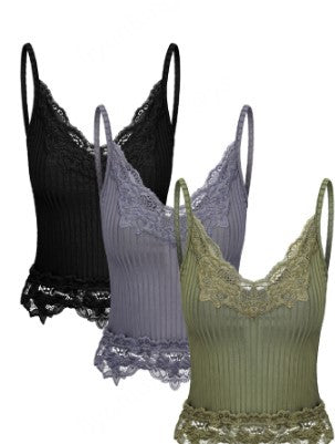 Spaghetti Strap V-Neck Solid Color Lace Tank Top