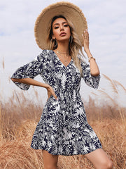Women's Dresses Vintage Print Bell Sleeve V Neck Mini Dress
