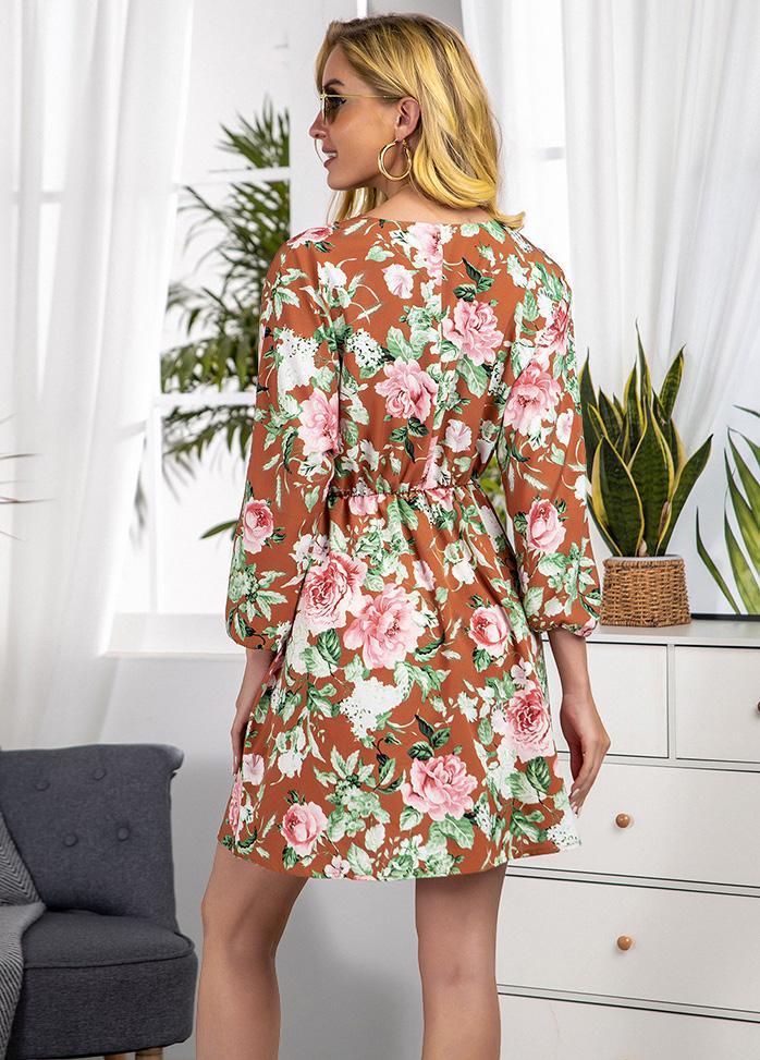 Floral Printed V Neck Long Sleeve Dress
