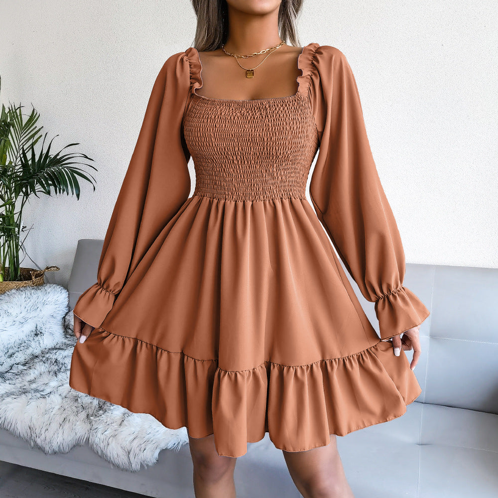 Square Neck Long Sleeve Solid Flared Mini Dress