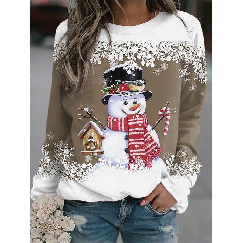 Crew Neck Long Sleeve Snowman Printed Sweatshirt