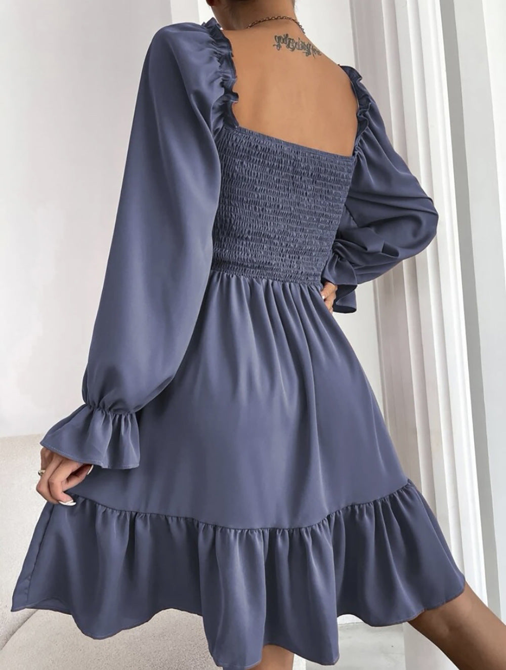 Square Neck Long Sleeve Elastic Waist Midi Dress