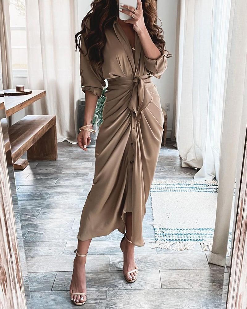 Tie Waist Short Sleeve Button Down Dress