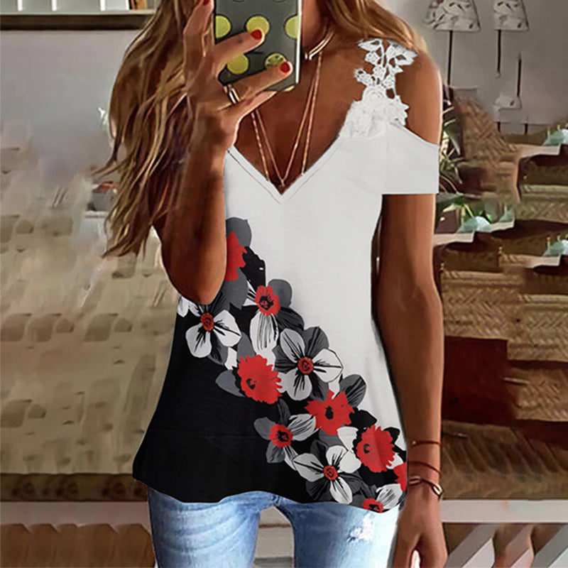 Floral Cold Shoulder V Neck Loose Blouse Top