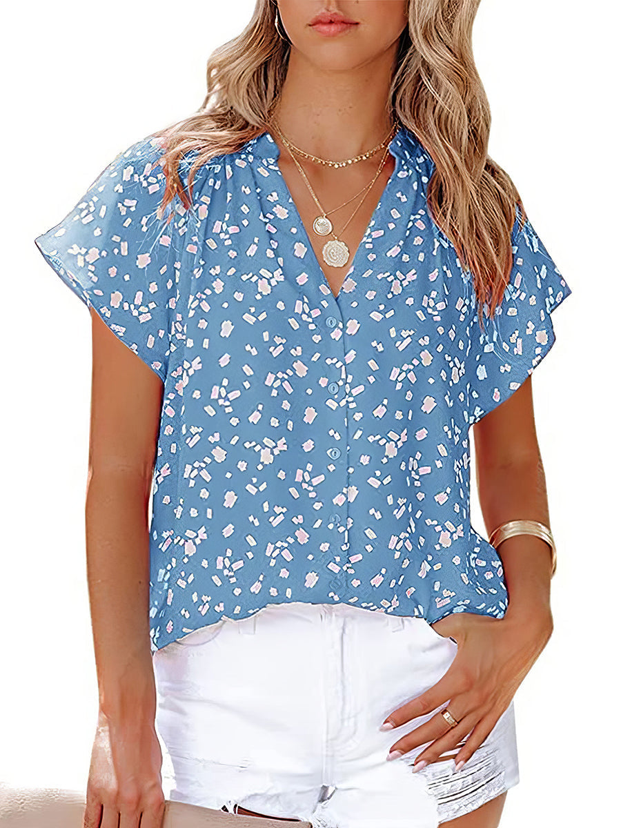 Women's Blouses Chiffon Fashion Print V Neck Short Sleeve Blouse