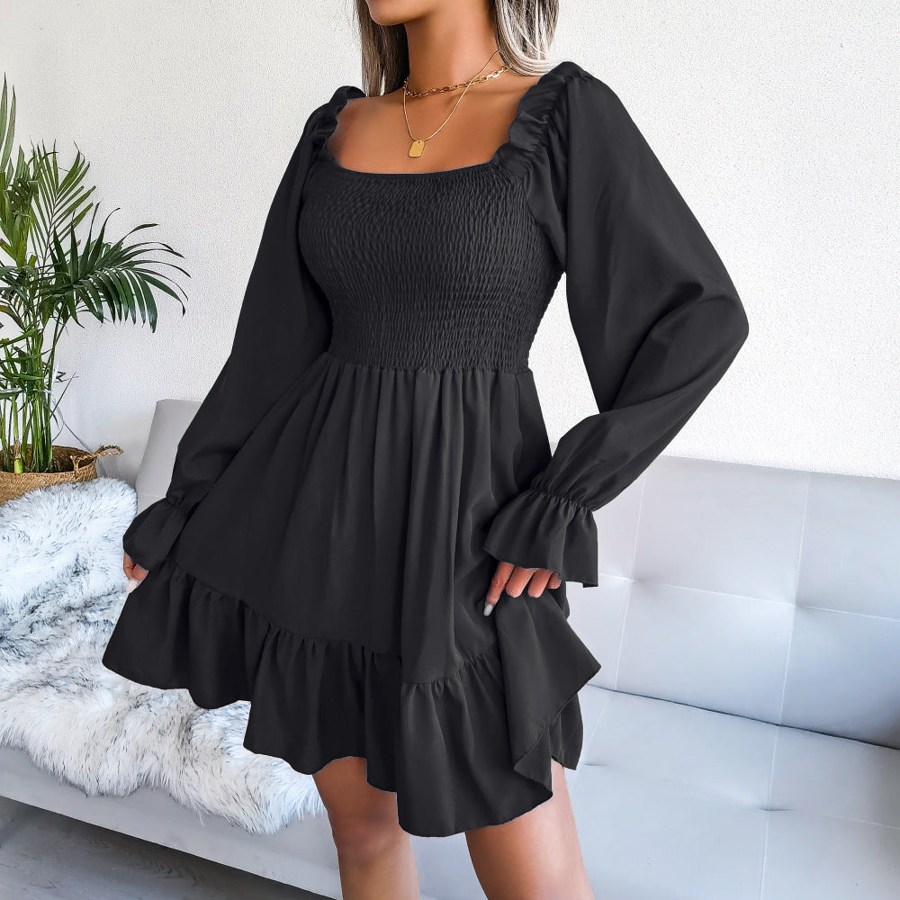Square Neck Long Sleeve Solid Flared Mini Dress