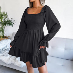 Square Neck Long Sleeve Solid Flared Mini Dress