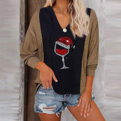 Casual V Neck Wine Glass Christmas Graphic Sweatshirt