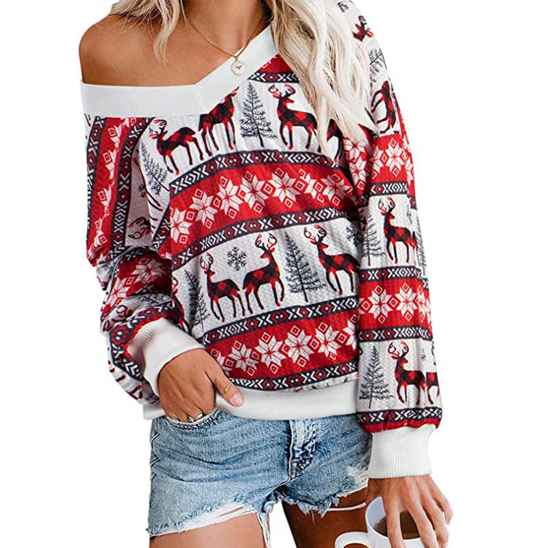 Fashion V-Neck Long Sleeve Print Sweatshirt