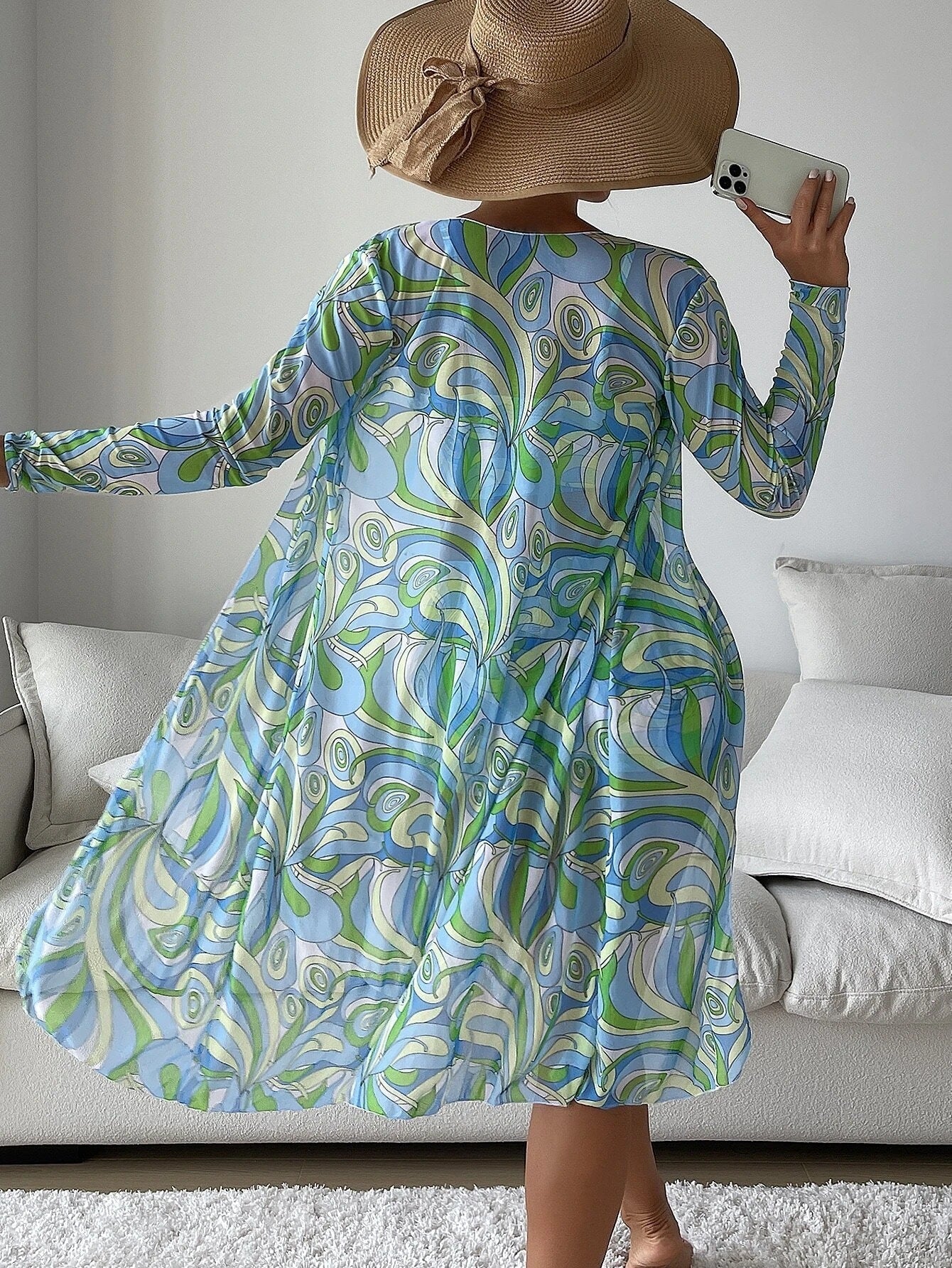 Three Piece Drawstring Printed Bikini High Waisted Short and Long Sleeve Cover Up Swimwear Set