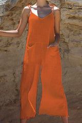 Solid Tie Shoulder Slip Jumpsuits