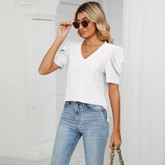 Casual V Neck Short Sleeve Solid Color Top