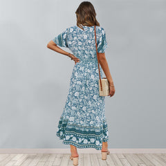 Floral V Neck Short Sleeve Midi Dress