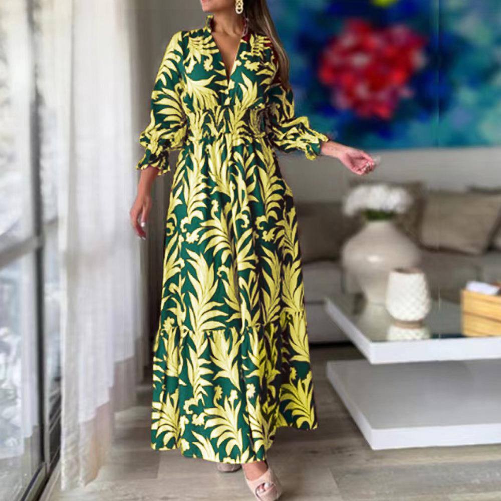 Casual Long Sleeve V Neck Floral Maxi Dress