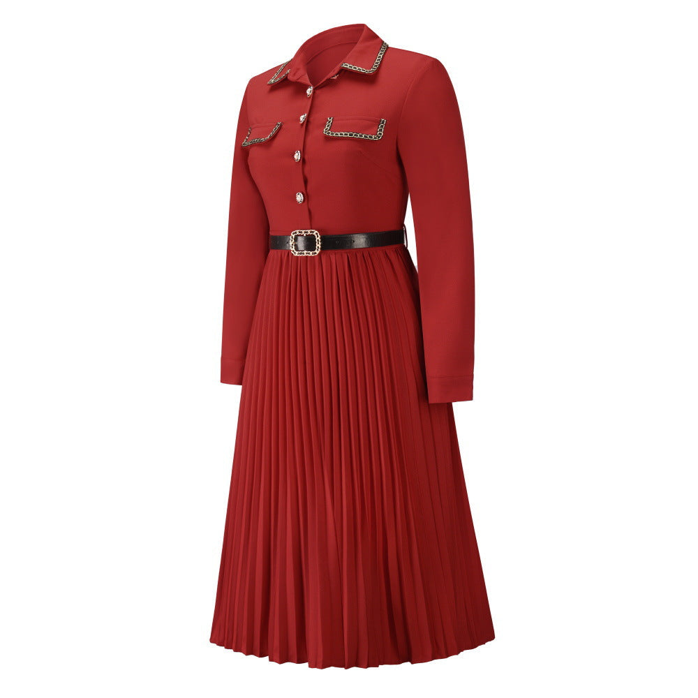 Belted Bendown Collar Lond Sleeve Dress
