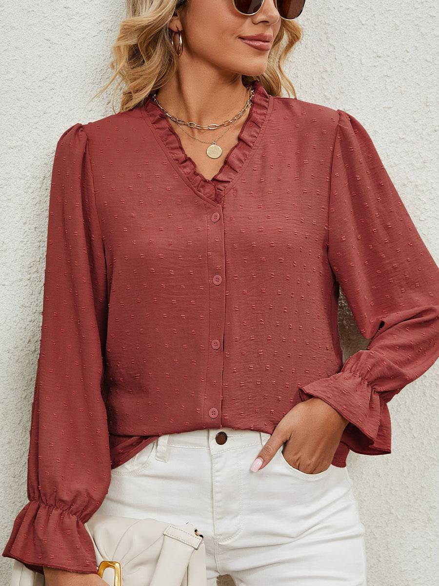 Women's Blouses V Neck Solid Color Cut Flower Chiffon Blouse