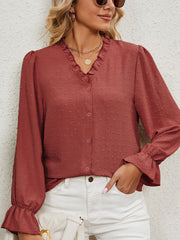 Women's Blouses V Neck Solid Color Cut Flower Chiffon Blouse