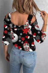 Long Sleeve Cut Out Printed Loose Christmas Blouse