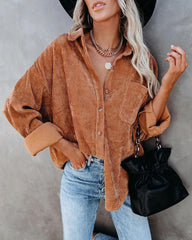 Button Down Long Sleeves Collar Corduroy Jacket Shirt for Women