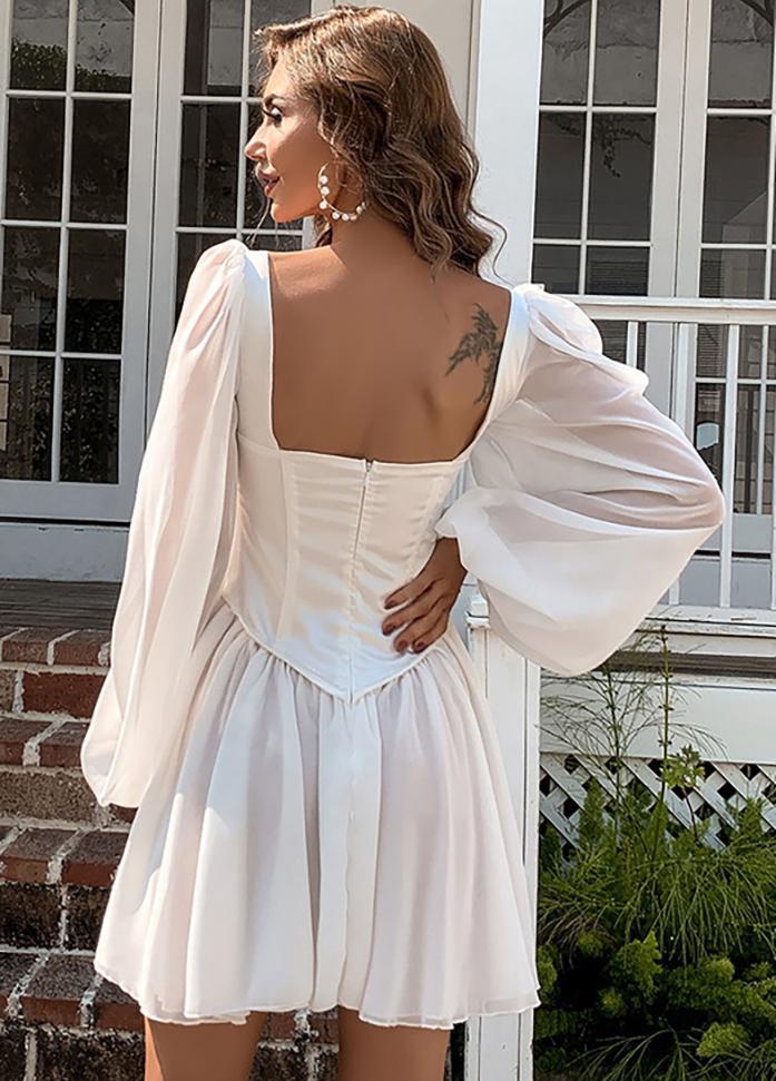 Flouncing Long Sleeve Solid Color Dress