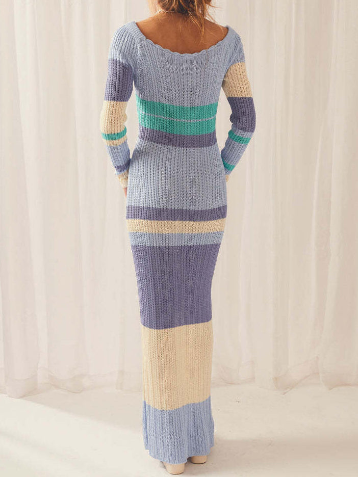 Casual Long Sleeve Printed Knit Maxi Dress