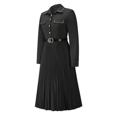 Belted Bendown Collar Lond Sleeve Dress