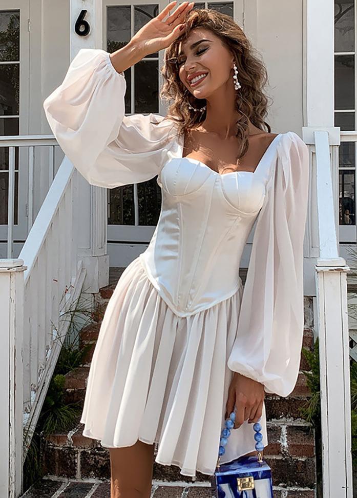 Flouncing Long Sleeve Solid Color Dress